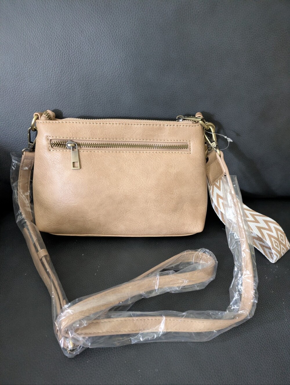 Classic Tan Crossbody Bag with Zigzag Wristlet Strap